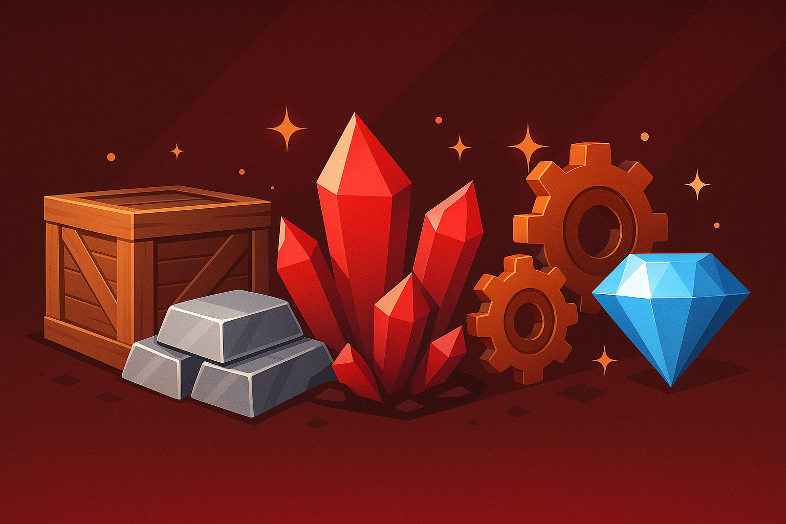 Stylised game resources (crystals, gears, gems)